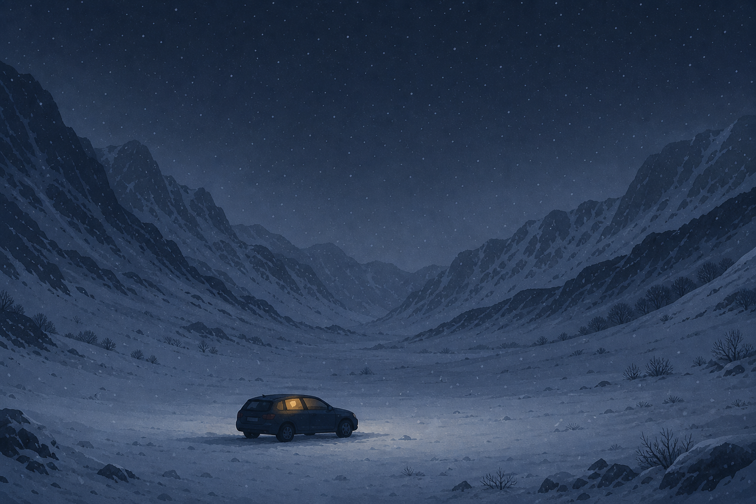 太行山雪夜里独自停着的一辆车,窗内一点暖光